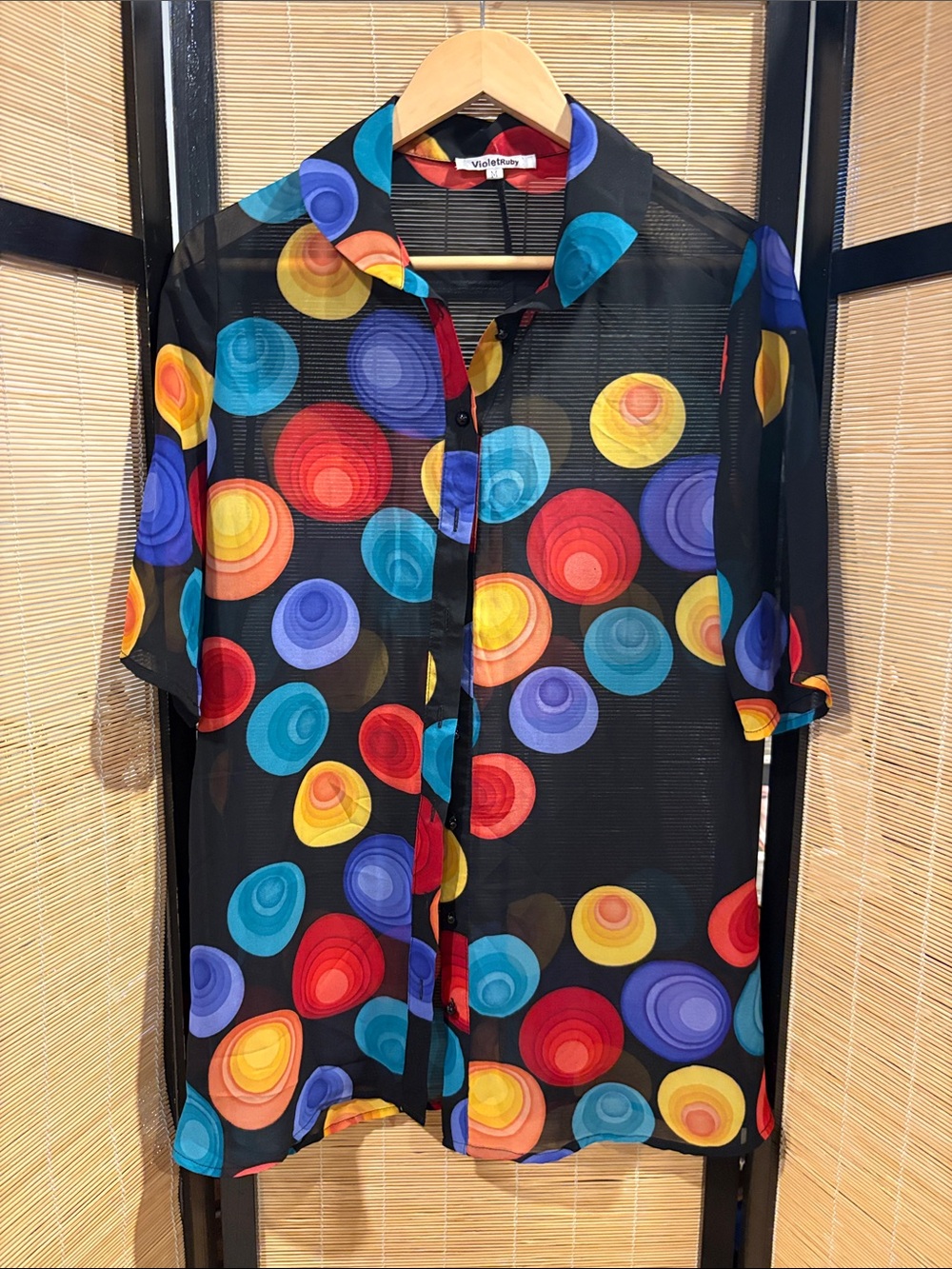 Black Sheer Button-Down Shirt with Multicolor Circle Print